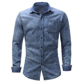 TURNDOWN COLLAR POCKET BLEACHED EFFECT CHAMBRAY SHIRT (DENIM BLUE)