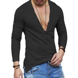 V NECK BUTTONS DESIGN LONG SLEEVE T-SHIRT (BLACK)