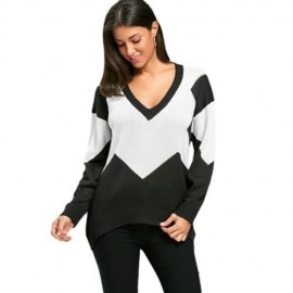 TWO TONE COLOR DEEP V NECK SWEATER (BLACK WHITE)