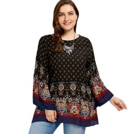 PLUS SIZE BELL SLEEVE TRIBE PRINT BLOUSE (BLACK)