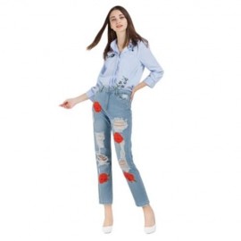 HIGH WAIST RIPPED EMBROIDERED WOMEN JEANS DENIM PANTS (LIGHT BLUE)