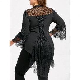 PLUS SIZE LACE TRIM DIP HEM BLOUSE (BLACK)