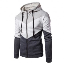 HOODED COLOR BLOCK PANEL FLEECE ZIP UP HOODIE (LIGHT GRAY)