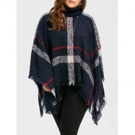 PRINT TURTLENECK PLUS SIZE CAPE SWEATER (BLUE)