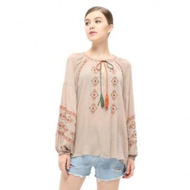 STYLISH ROUND COLLAR LANTERN SLEEVE EMBROIDERY WOMEN BLOUSE (KHAKI)