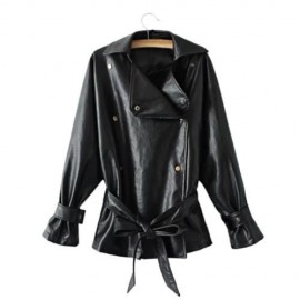 FEMALE AUTUMN LOOSE TURN-DOWN COLLAR LACE-UP CUFF LEATHER JACKET (BLACK)