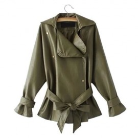 FEMALE AUTUMN LOOSE TURN-DOWN COLLAR LACE-UP CUFF LEATHER JACKET (ARMY GREEN)