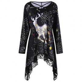 PLUS SIZE REINDEER GALAXY LACE HEM TOP (BLACK)