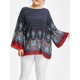 PLUS SIZE BELL SLEEVE TRIBE PRINT BLOUSE (DEEP BLUE)
