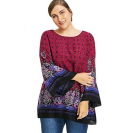 PLUS SIZE BELL SLEEVE TRIBE PRINT BLOUSE (WINE RED)