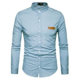 STAND COLLAR PU LEATHER EDGING CHAMBRAY SHIRT  (LIGHT BLUE)