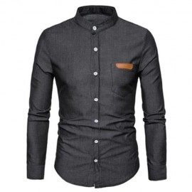 STAND COLLAR PU LEATHER EDGING CHAMBRAY SHIRT  (BLACK)