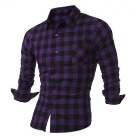 LONG SLEEVE BREAST POCKET BUTTON UP PLAID SHIRT (PURPLE)
