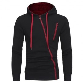 OBLIQUE ZIPPERS COLOR BLOCK FLEECE HOODIE (BLACK)