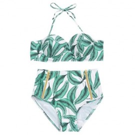 TROPICAL LEAVES PRINT PUSH UP BIKINI SET (GREEN)