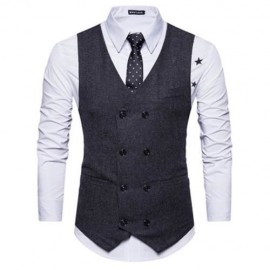V NECK DOUBLE BREASTED BELT DESIGN WAISTCOAT (BLACK)