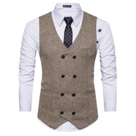 V NECK DOUBLE BREASTED BELT DESIGN WAISTCOAT (KHAKI)