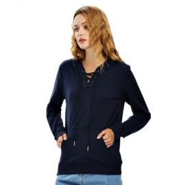 FEMALE CASUAL LACE-UP LONG SLEEVE HOODED PULLOVER SWEATSHIRT (NAVY BLUE)