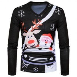 V NECK CHRISTMAS CARTOON SANTA PRINT UGLY T-SHIRT (BLACK)