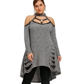 PLUS SIZE COLD SHOULDER RIPPED TUNIC TOP (GRAY)