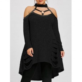 PLUS SIZE COLD SHOULDER RIPPED TUNIC TOP (BLACK)