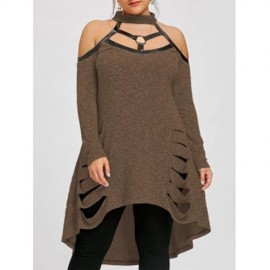 PLUS SIZE COLD SHOULDER RIPPED TUNIC TOP (COFFEE)