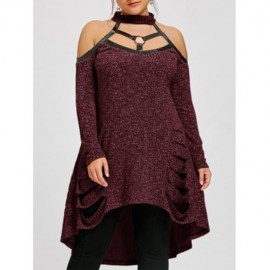 PLUS SIZE COLD SHOULDER RIPPED TUNIC TOP (CARAMEL)