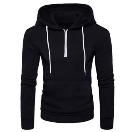 HOODED HALF ZIP POUCH POCKET FLEECE PULLOVER HOODIE (BLACK)