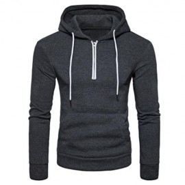 HOODED HALF ZIP POUCH POCKET FLEECE PULLOVER HOODIE (DEEP GRAY)
