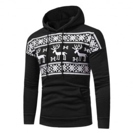 HOODED SNOW AND REINDEER PRINT FLEECE HOODIE (BLACK)