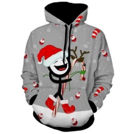 KANGAROO POCKET PRINTED PULLOVER CHRISTMAS HOODIE (GRAY)
