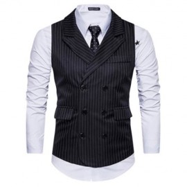 TURNDOWN COLLAR DOUBLE BREASTED BELT VERTICAL STRIPE WAISTCOAT (BLACK)