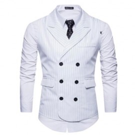 TURNDOWN COLLAR DOUBLE BREASTED BELT VERTICAL STRIPE WAISTCOAT (WHITE)