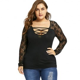 PLUS SIZE LACE YOKE U NECK TOP (BLACK)