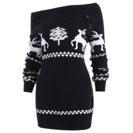 OFF THE SHOULDER KNIT TUNIC REINDEER SWEATER (BLACK)