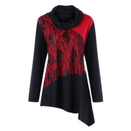 PLUS SIZE TWO TONE LACE TRIM ASYMMETRICAL TOP (RED WITH BLACK)