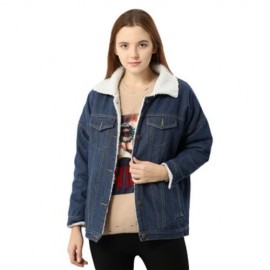 FEMALE WINTER THICKEN TURN-OVER COLLAR FLEECES DENIM COAT (DEEP BLUE)