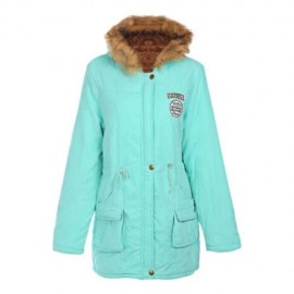 FUR HOODED LONG SLEEVE JACKET WOMEN PARKA POCKETS COAT (APPLE GREEN)