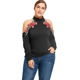 PLUS SIZE COLD SHOULDER FLORAL EMBROIDERED T-SHIRT (BLACK)