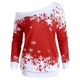 PLUS SIZE ONE SHOULDER CHRISTMAS SNOWFLAKE SWEATSHIRT (RED)