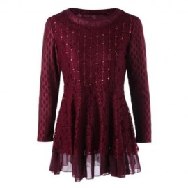 PLUS SIZE EMBELLISHED LACE PEPLUM TOP (WINE RED)