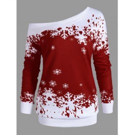 PLUS SIZE ONE SHOULDER CHRISTMAS SNOWFLAKE SWEATSHIRT (WINE RED)