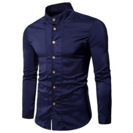 CASUAL STAND COLLAR LONG SLEEVE SHIRT (PURPLISH BLUE)