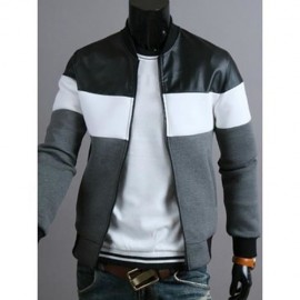 CLASSIC COLOR BLOCK PU LEATHER SPLICED RIB HEM STAND COLLAR LONG SLEEVES MEN'S SLIMMING JA