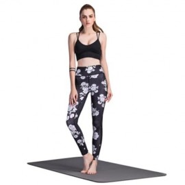 TRENDY MID WAIST FLORAL PRINT SPLICED SKINNY WOMEN YOGA PANTS (BLACK)