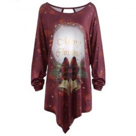 MERRY CHRISTMAS BELL PRINT ASYMMETRICAL PLUS SIZE T-SHIRT (WINE RED)