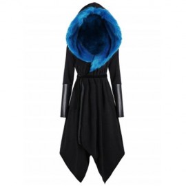 PLUS SIZE FAUX FUR INSERT HOODED ASYMMETRIC COAT (BLACK AND BLUE)