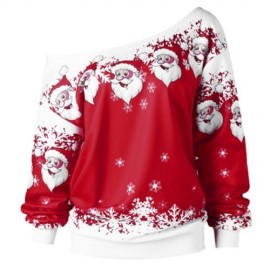 CHRISTMAS PLUS SIZE SANTA CLAUS SKEW COLLAR SWEATSHIRT (RED WITH WHITE)