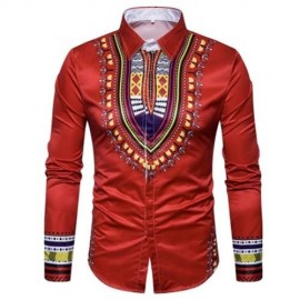 GEOMETRIC NATIONAL PRINT LONG SLEEVE SHIRT (RED)