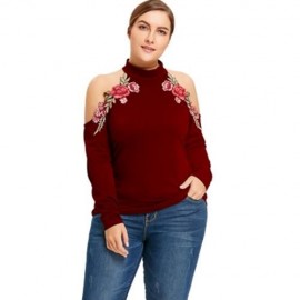 PLUS SIZE COLD SHOULDER FLORAL EMBROIDERED T-SHIRT (WINE RED)